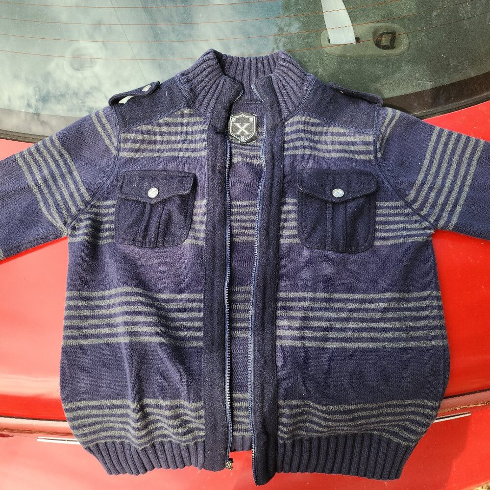 X brand knit sweater, military style shoulder buckle Men's Medium with elbow pad